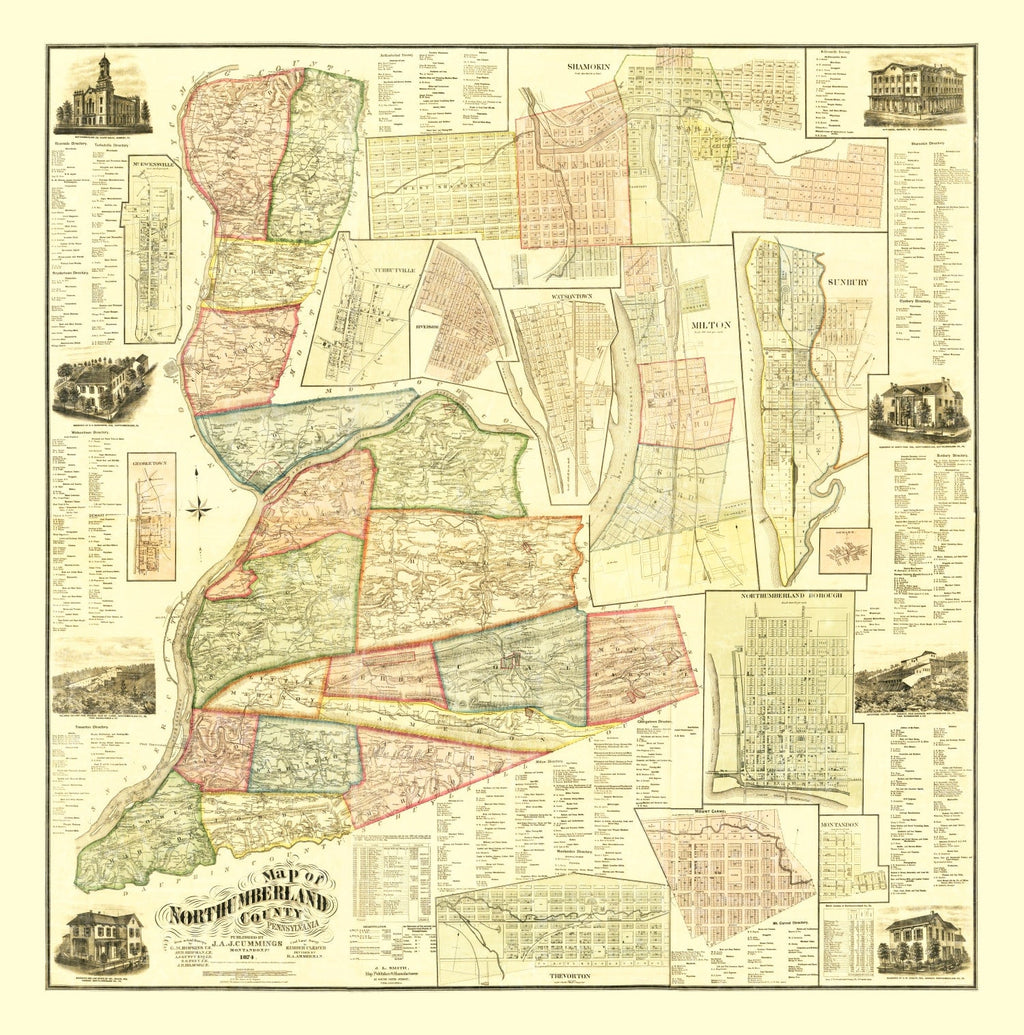 Vintage Map of Northumberland County, Pennsylvania 1874
