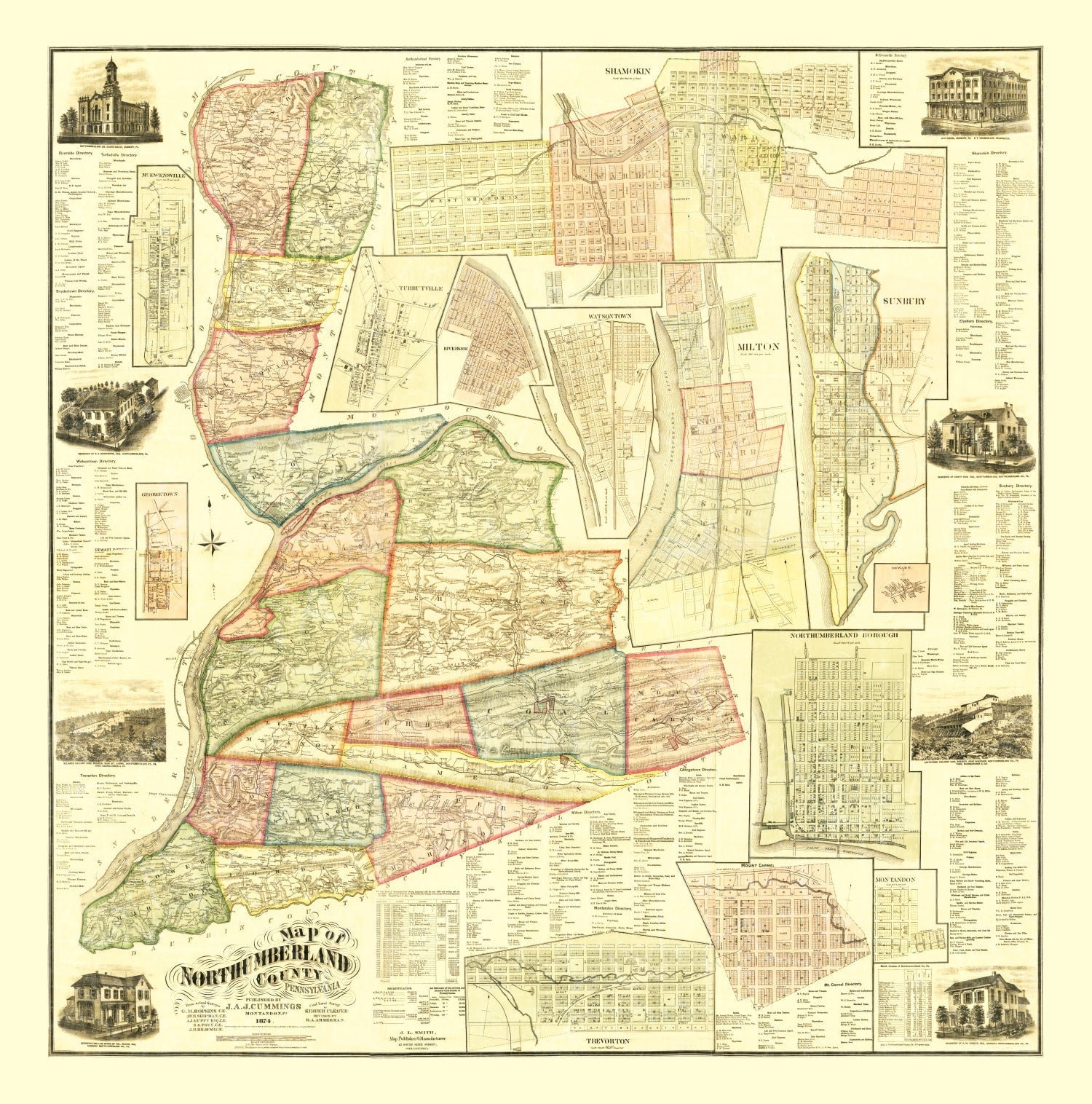Vintage Map of Northumberland County, Pennsylvania 1874