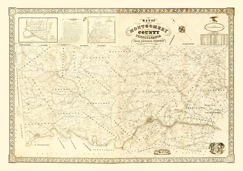 Vintage Map of Montgomery County, Pennsylvania 1849