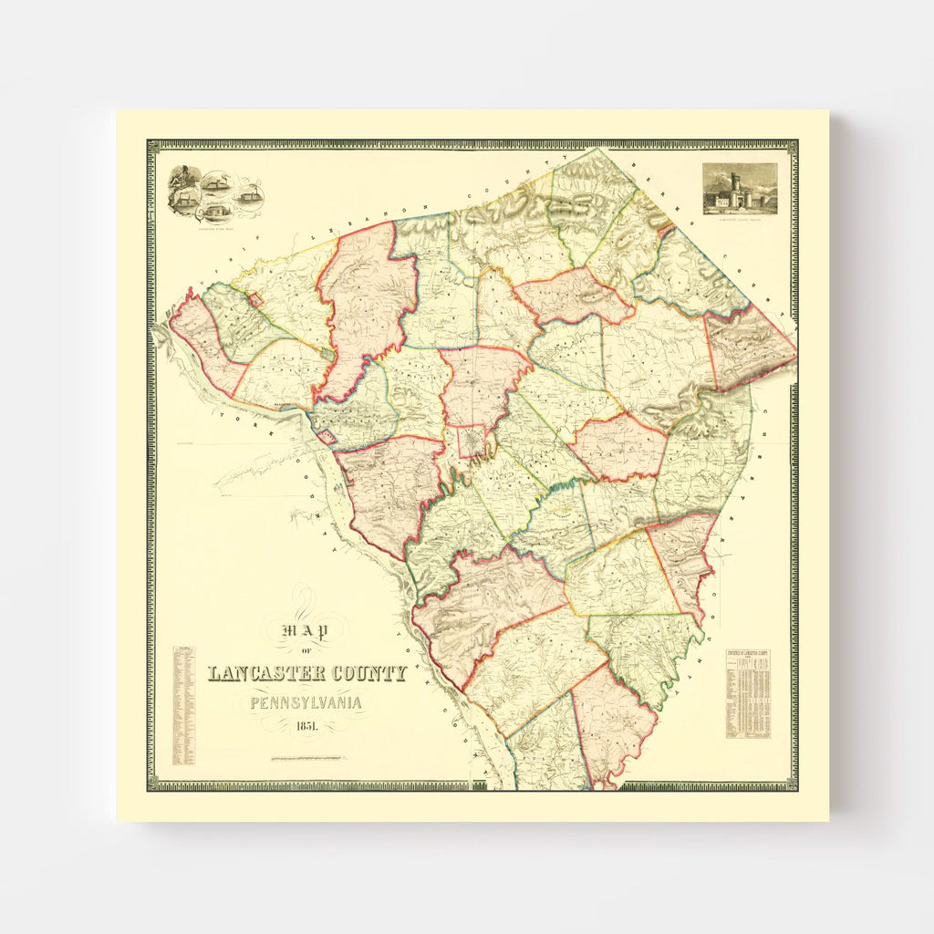 Vintage Map of Lancaster County, Pennsylvania 1851