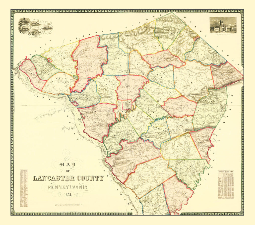Vintage Map of Lancaster County, Pennsylvania 1851
