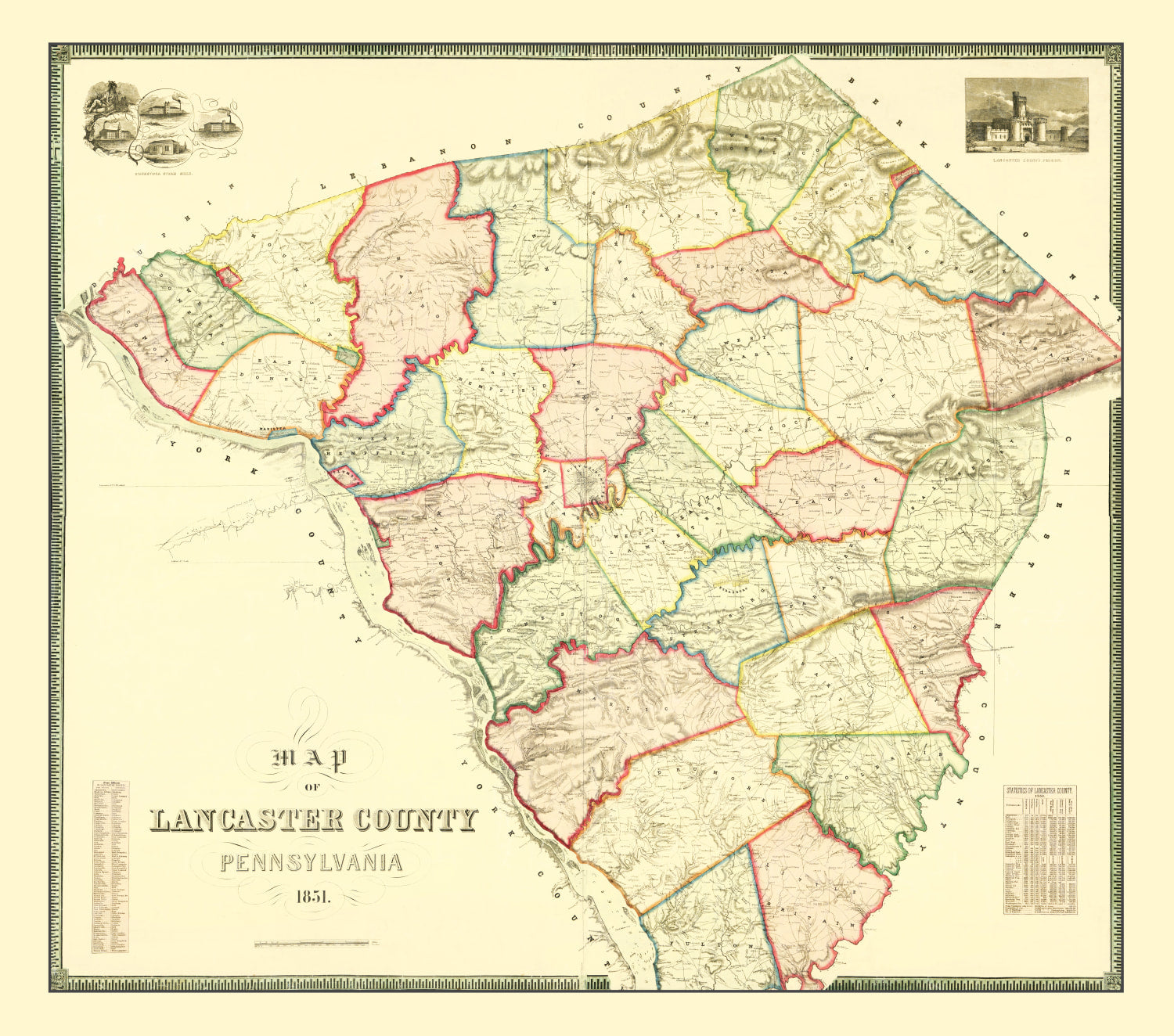 Vintage Map of Lancaster County, Pennsylvania 1851