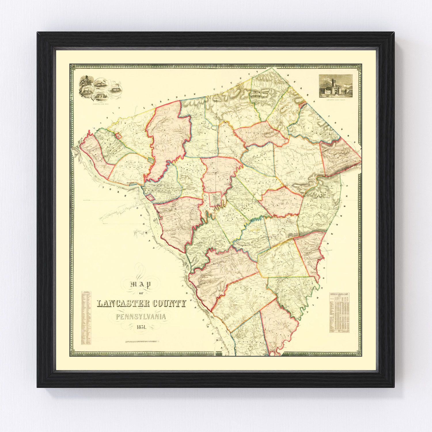 Vintage Map of Lancaster County, Pennsylvania 1851