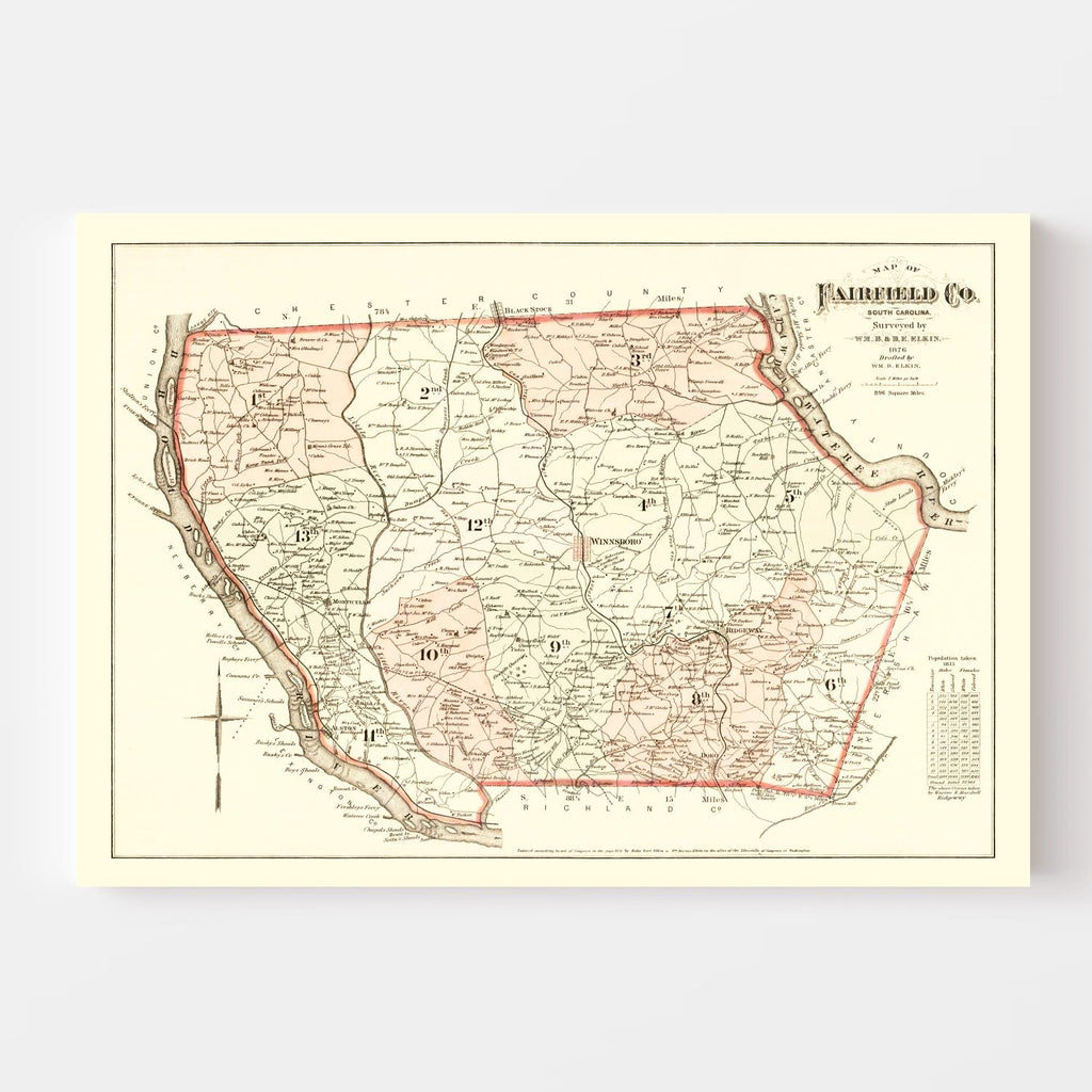 Vintage Map of Fairfield County, South Carolina 1876