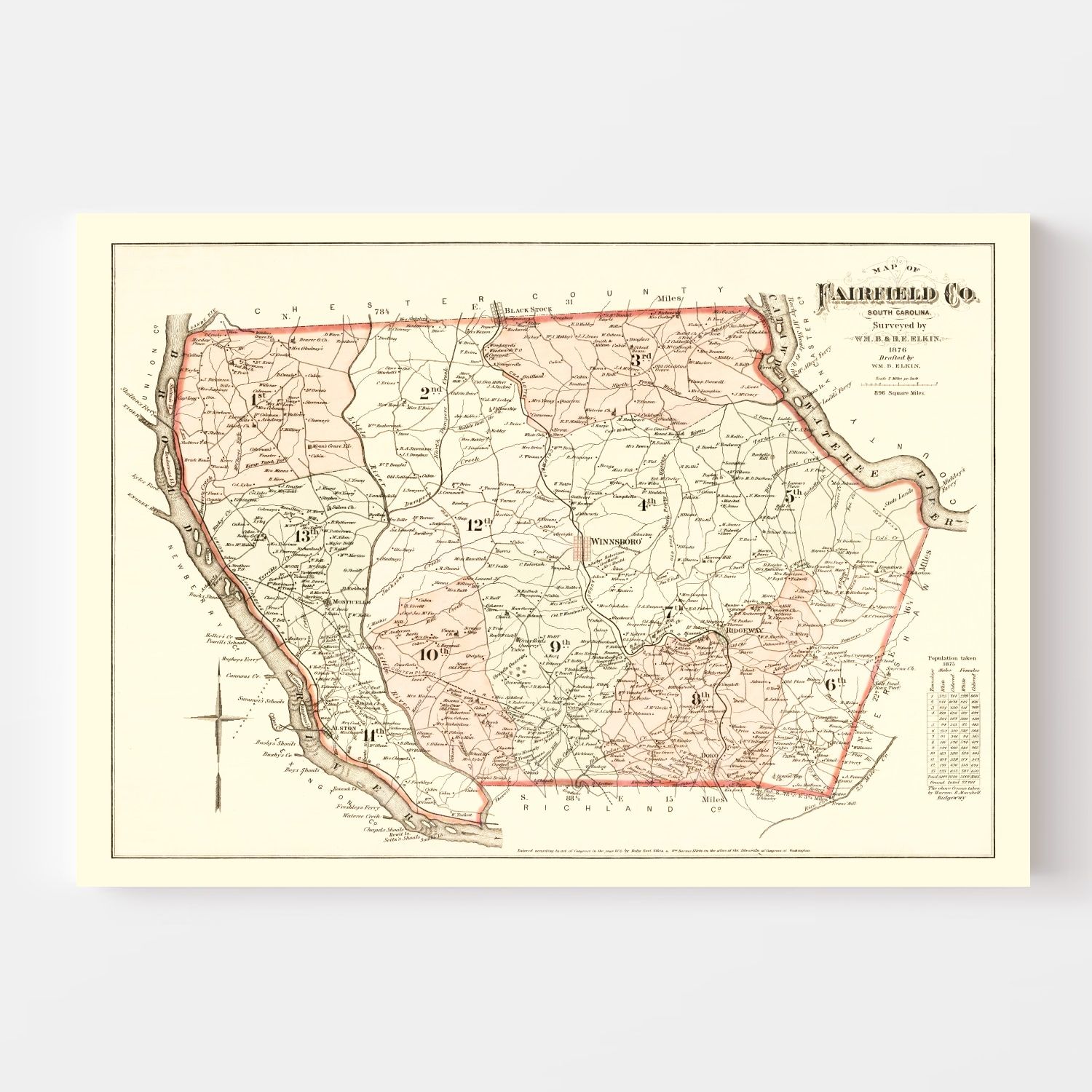 Vintage Map of Fairfield County, South Carolina 1876