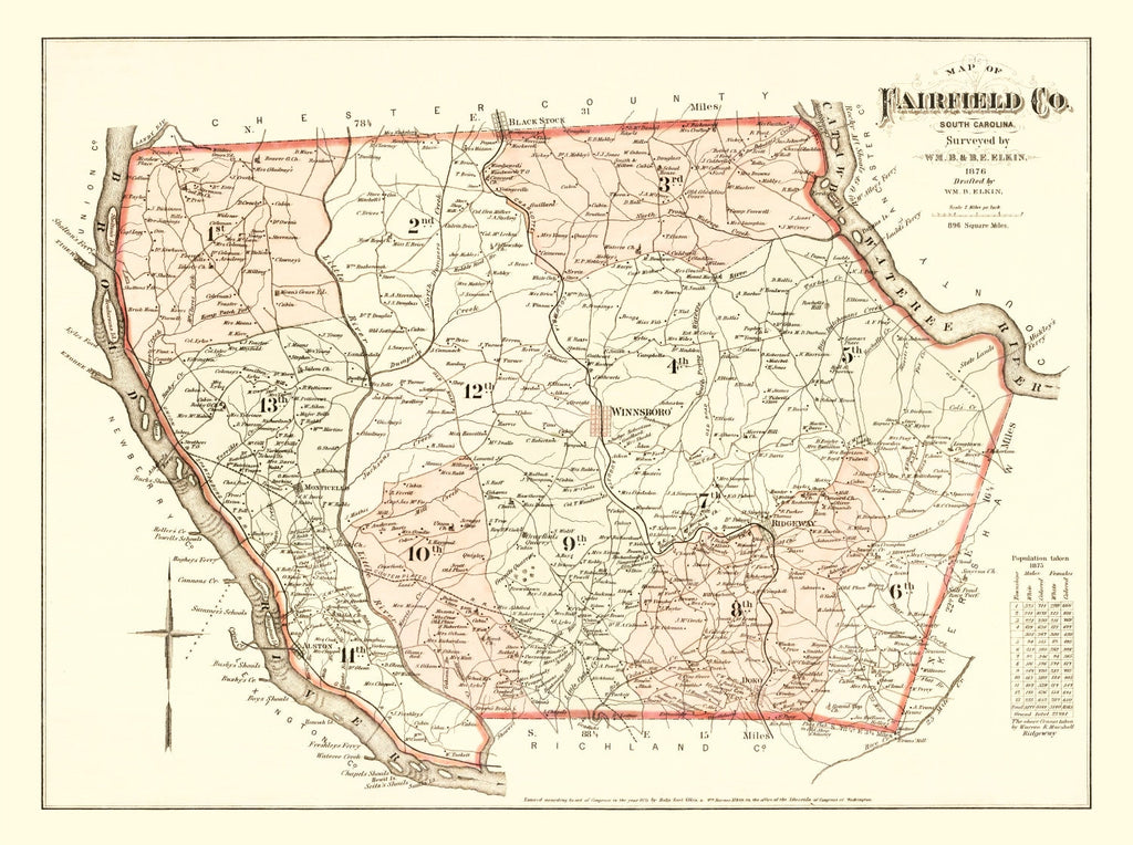 Vintage Map of Fairfield County, South Carolina 1876