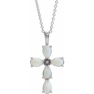 14K White Gold Natural White Opal Cabochon Cross 16-18" Necklace