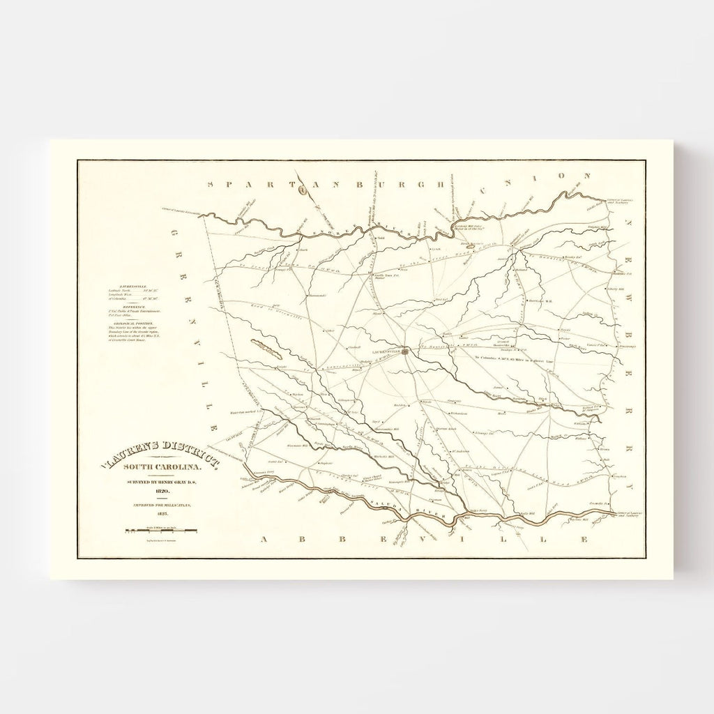 Vintage Map of Laurens County, South Carolina 1825