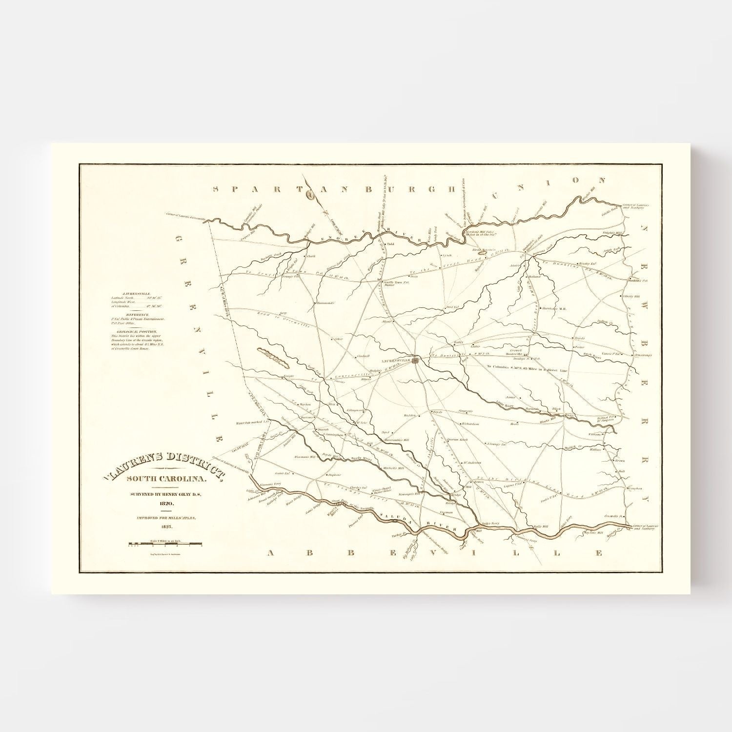 Vintage Map of Laurens County, South Carolina 1825