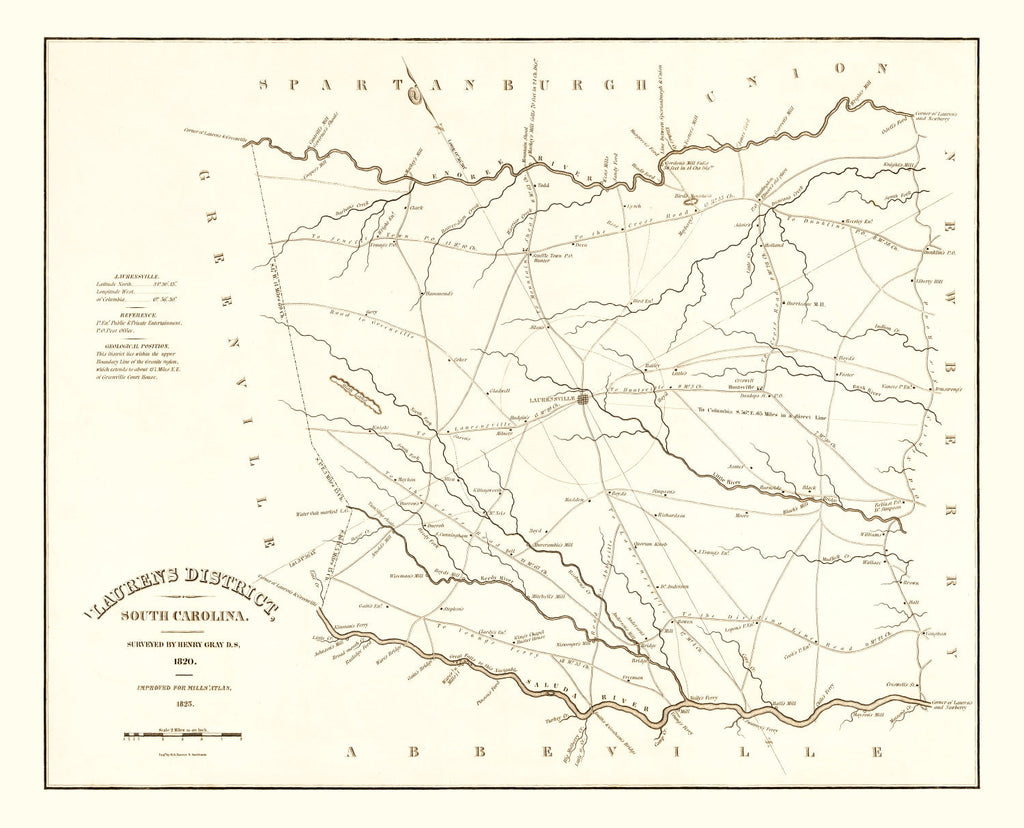 Vintage Map of Laurens County, South Carolina 1825