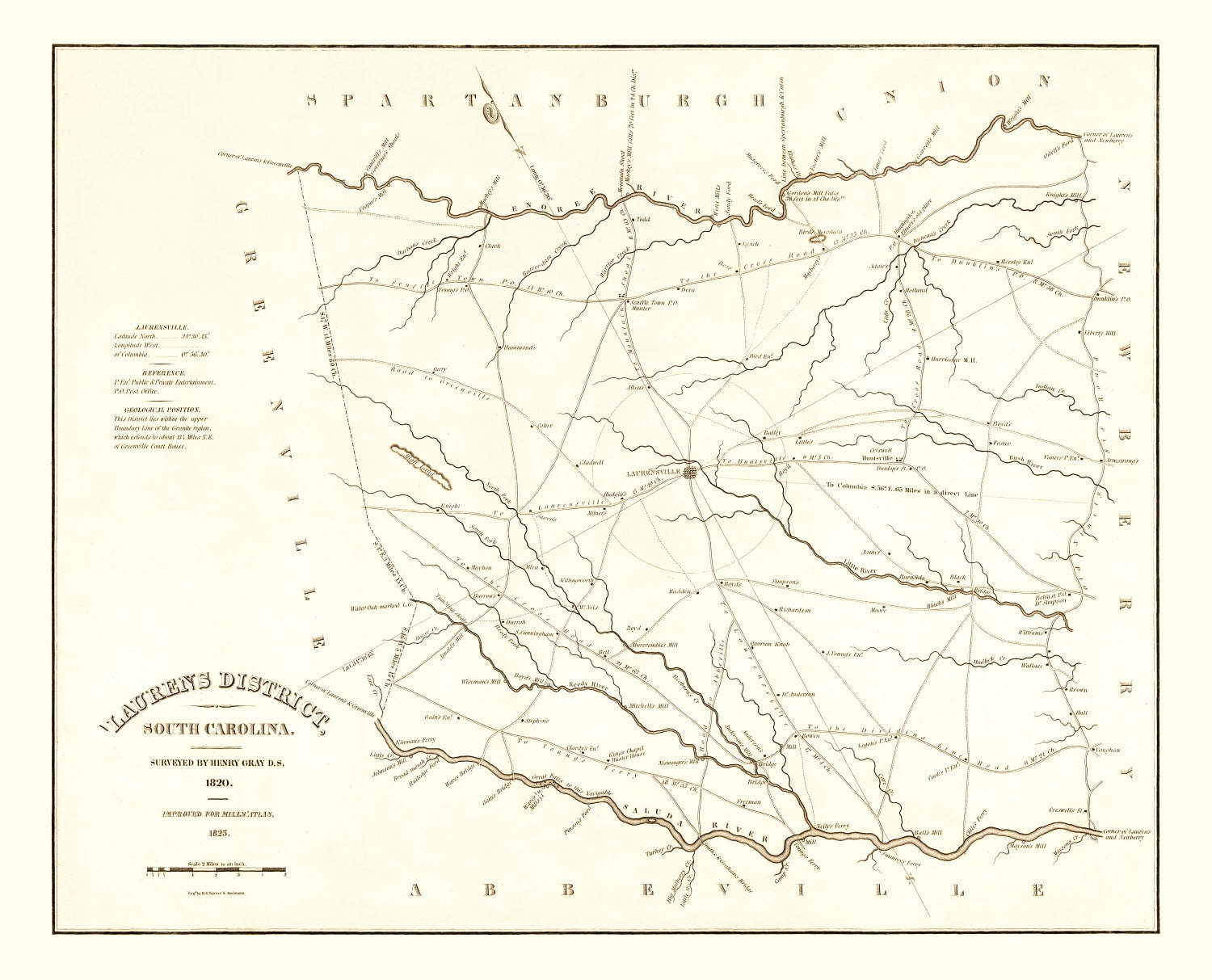 Vintage Map of Laurens County, South Carolina 1825