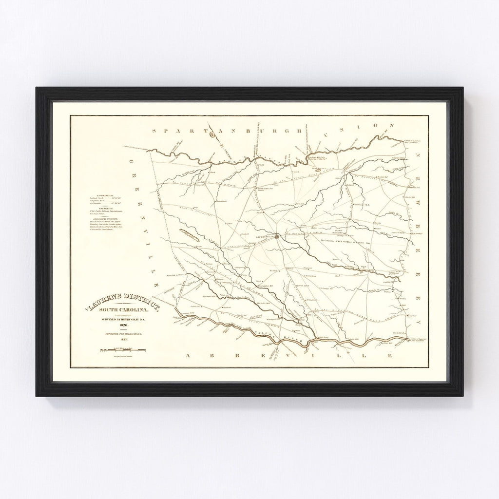Vintage Map of Laurens County, South Carolina 1825