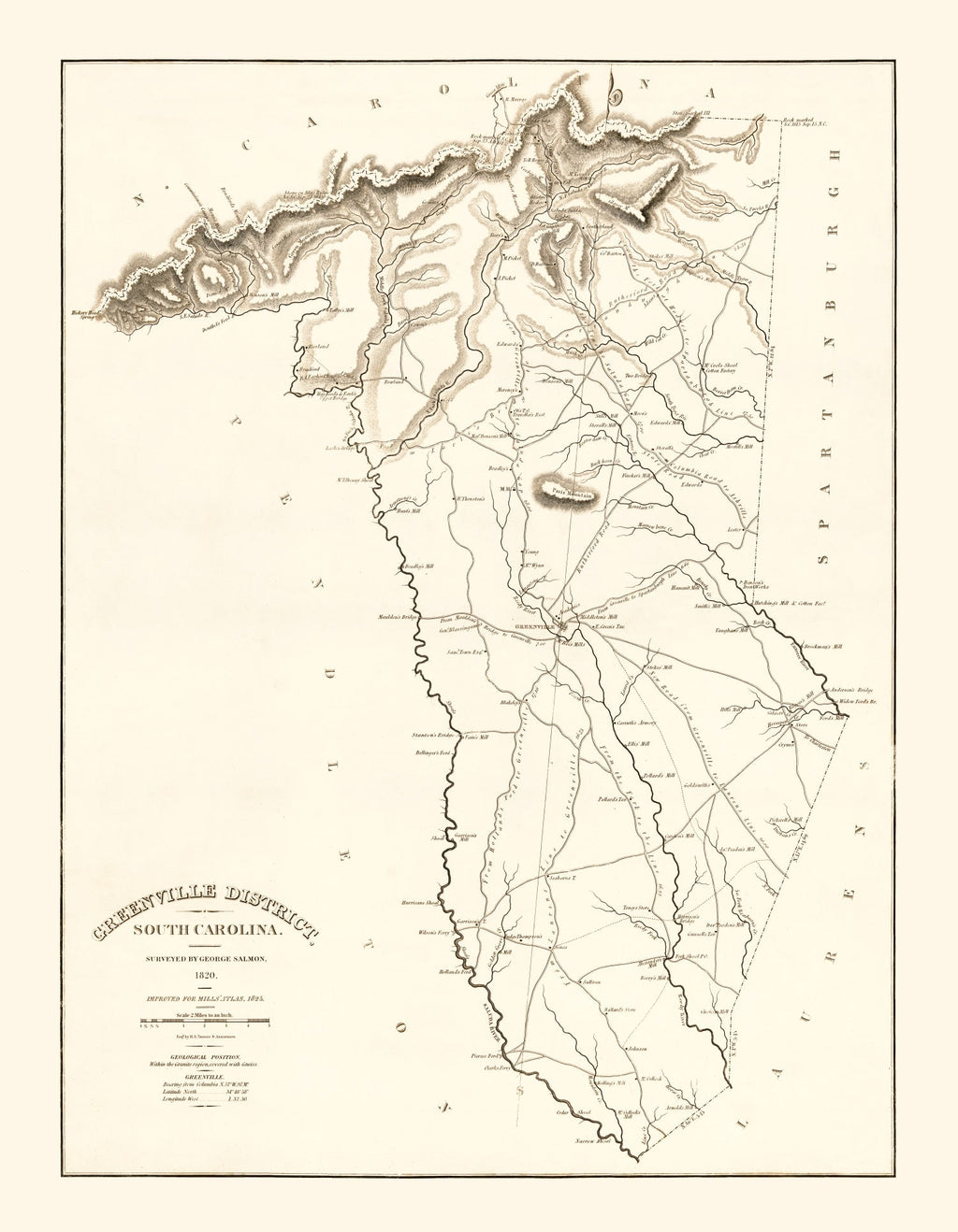 Vintage Map of Greenville County, South Carolina 1825
