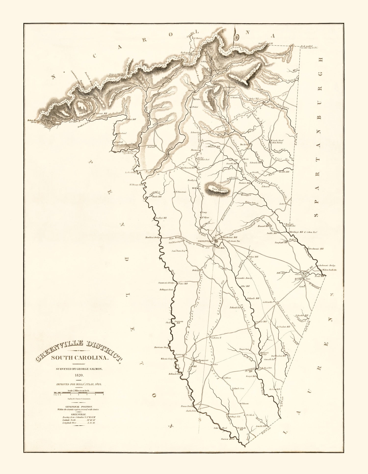 Vintage Map of Greenville County, South Carolina 1825