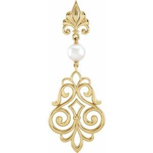 14K Yellow Gold Cultured White Akoya Pearl Fleur-de-lis Pendant