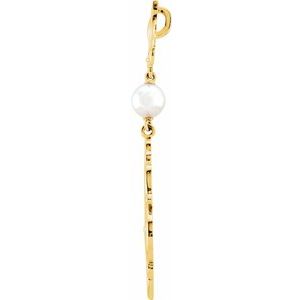 14K Yellow Gold Cultured White Akoya Pearl Fleur-de-lis Pendant