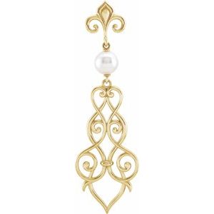 14K Yellow Gold Cultured Akoya Pearl Fleur-de-lis Scroll Pendant