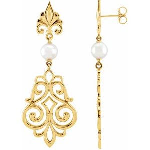 14K Yellow Gold Cultured White Akoya Pearl Fleur-de-lis Earrings