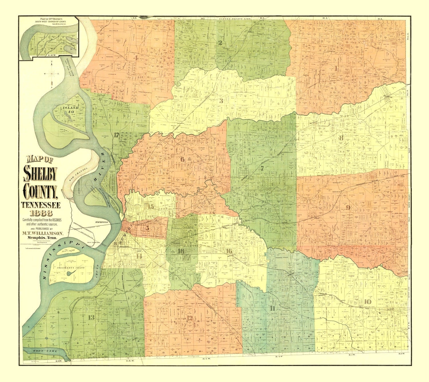 Vintage Map of Shelby County, Tennessee 1888