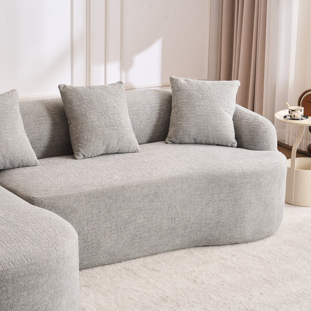 Boneless L-Shape Sectional Sofa with Curved Chaise,Grey Modular Chenille Compression Couch,30D High-Density Foam,Minimalist Modular Couches Sleeper for Living Room Bedroom Apartment Lounge.