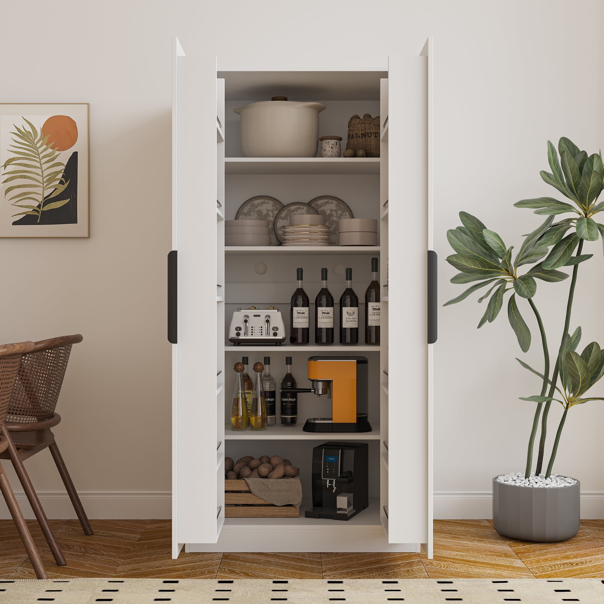 62.99in Kitchen Pantry Cabinet, White Freestanding Buffet Cupboards Sideboard with Doors &  Shelves, Kitchen Pantry Storage Cabinet for Kitchen, Living Room and Dinning Room