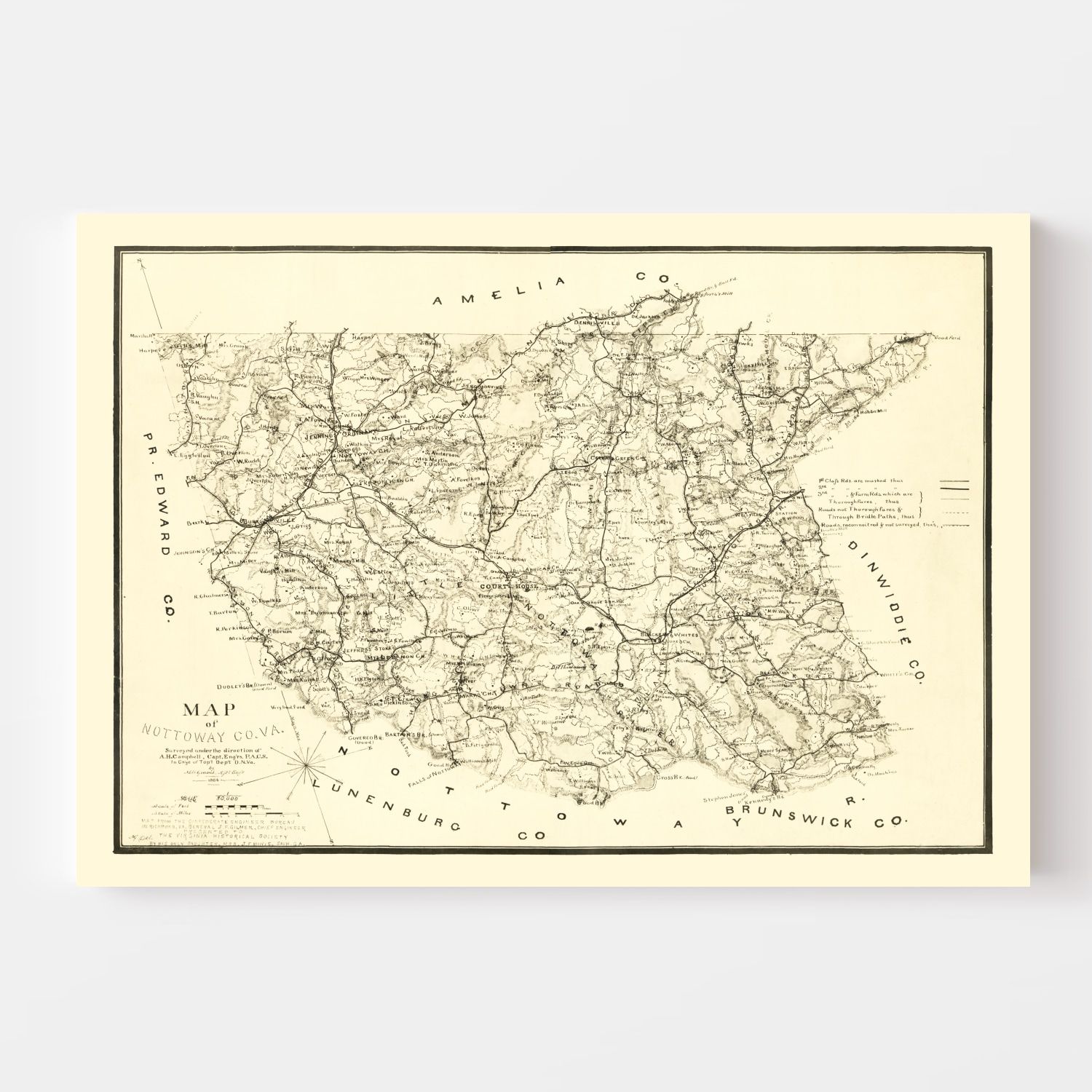 Vintage Map of Nottoway County, Virginia 1864