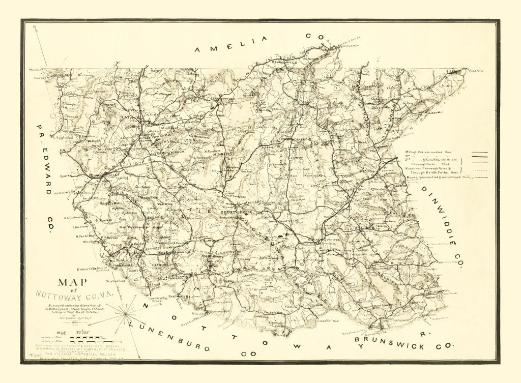 Vintage Map of Nottoway County, Virginia 1864