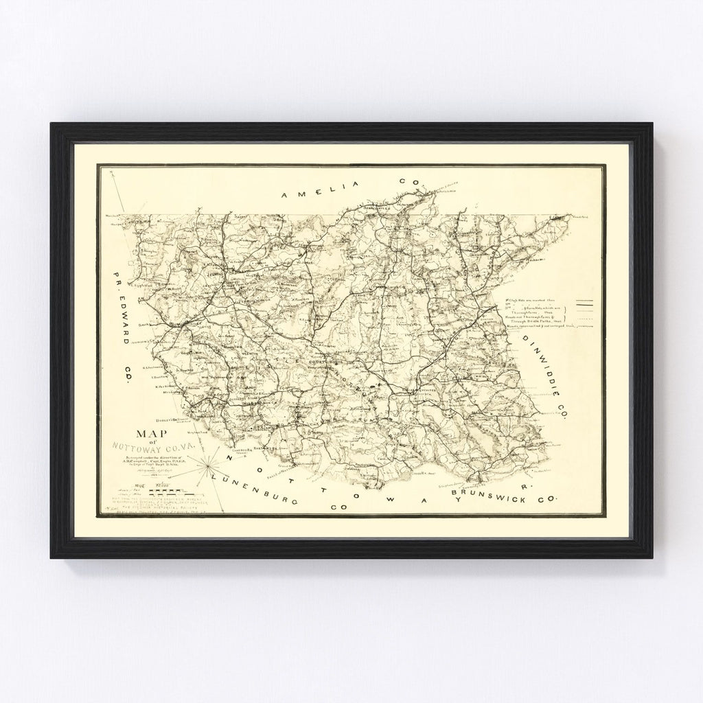 Vintage Map of Nottoway County, Virginia 1864
