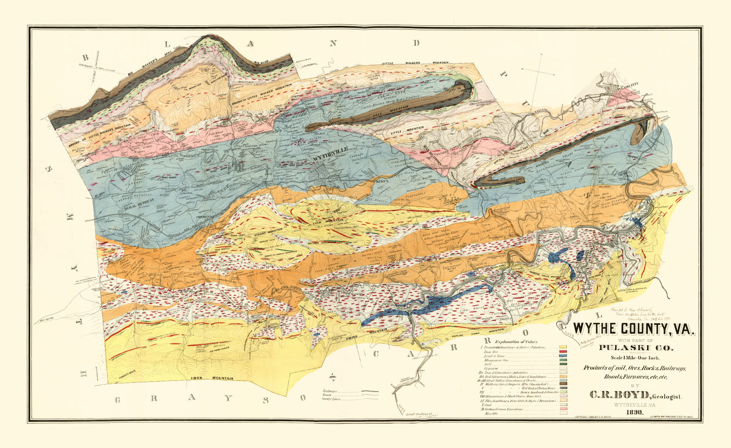 Vintage Map of Wythe County, Virginia 1890