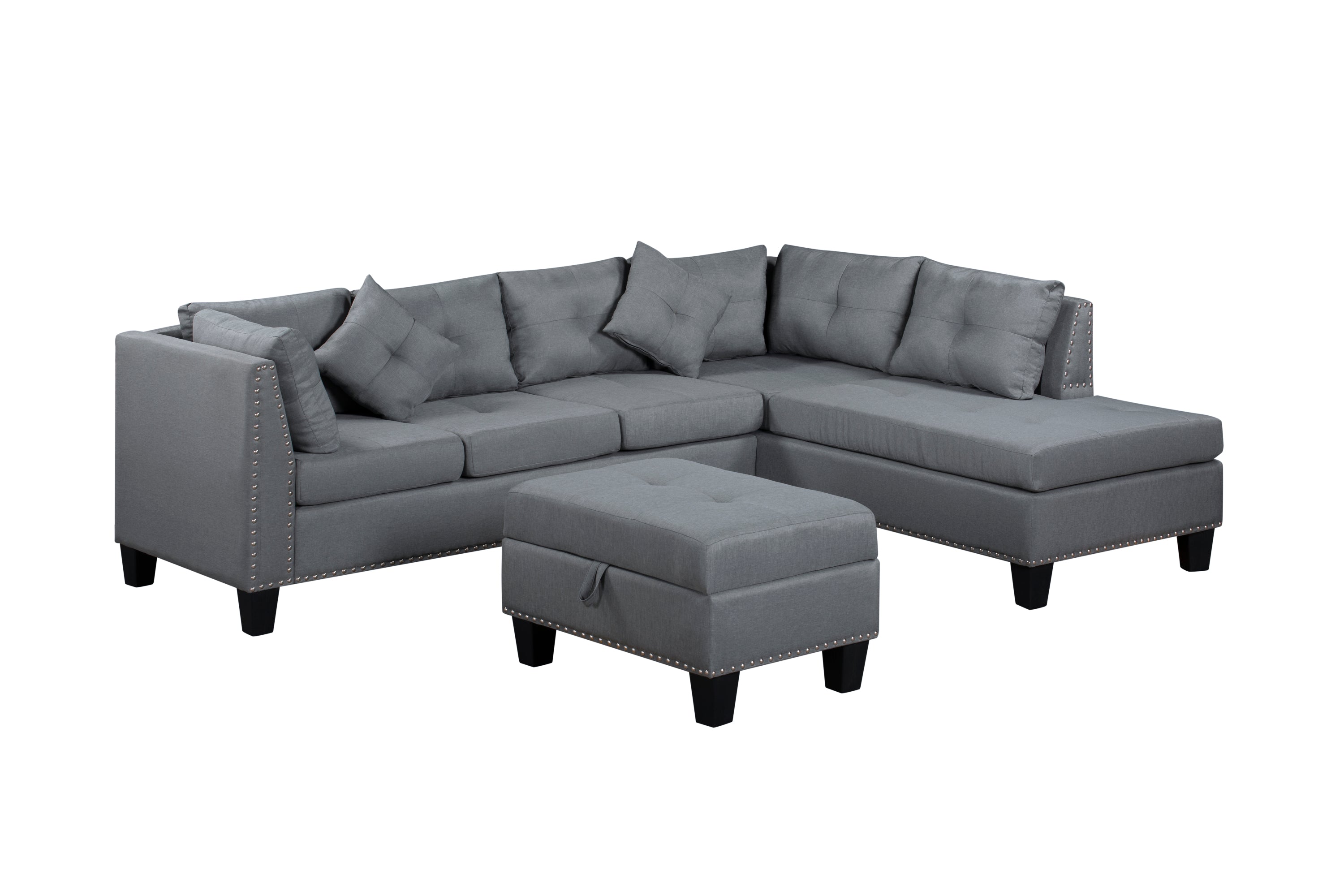 104.5' Upholstered Sofa,Chaise & Ottoman , Gray