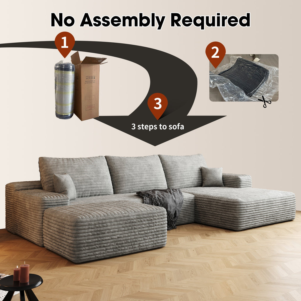 107' Cloud Sectional Sofa with 1 Ottoman,Modern Minimalist Upholstered Couches, Comfort U Shaped Sofa for Living Room,Deep Seat Corner Couch,No Assembly Required,Grey(Plush Corduroy Fabric)
