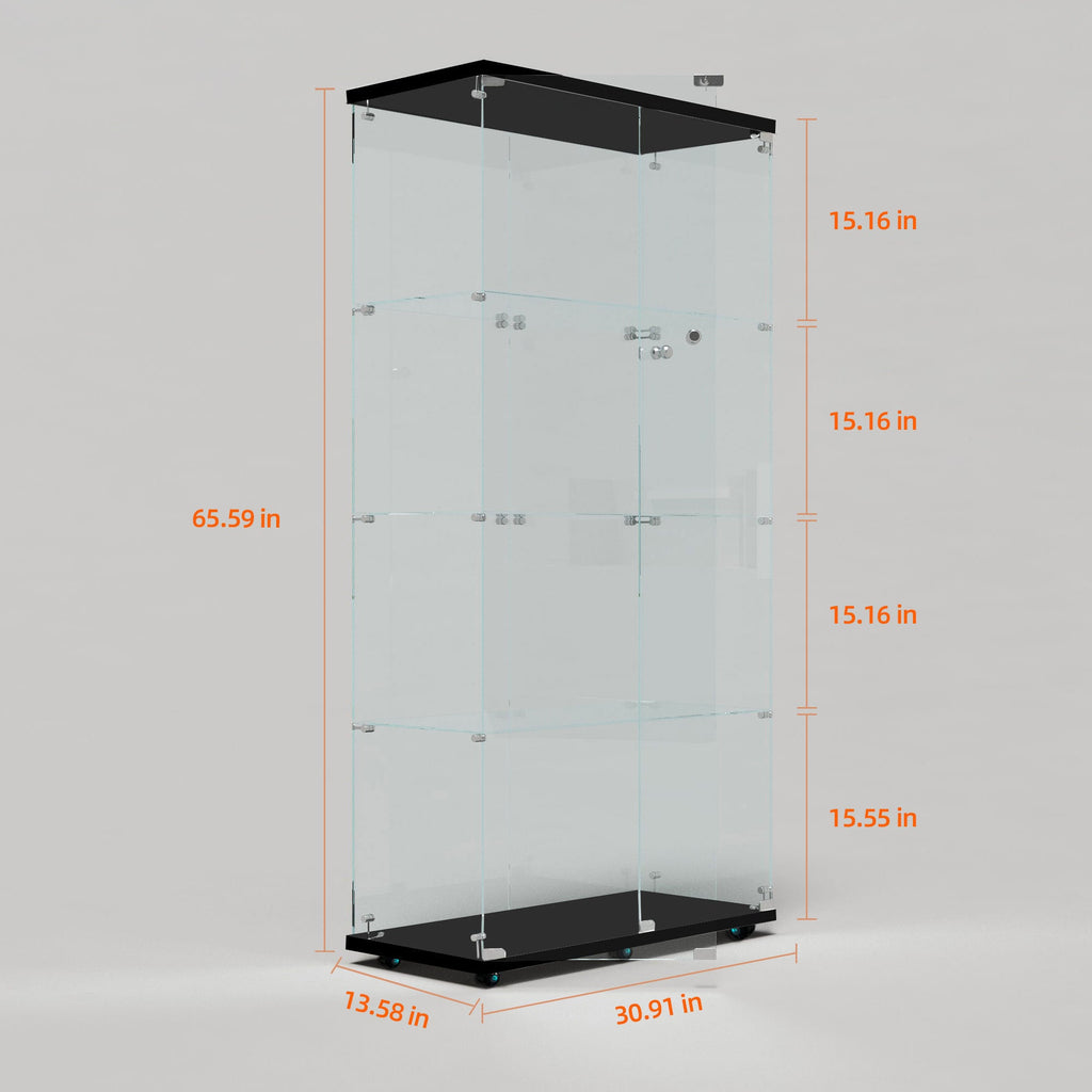 Tempered glass display cabinet, wine cabinet,storage cabinet,file cabinet,with Bluetooth LED light strip,lock on the door,equipped with cast,easy to move,for living room, bedroom,hallway,Office,black