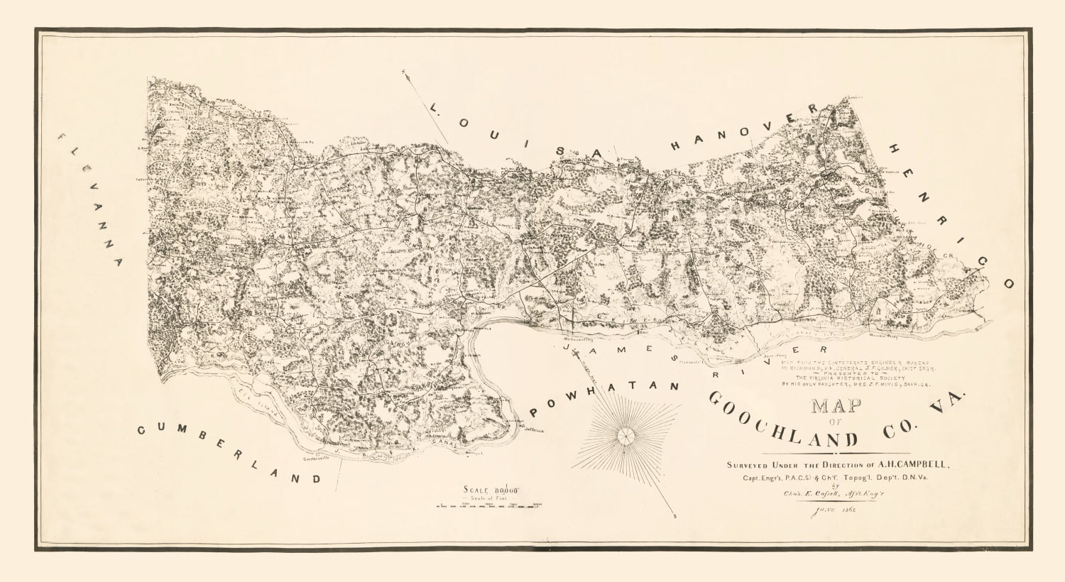 Vintage Map of Goochland County, Virginia 1863
