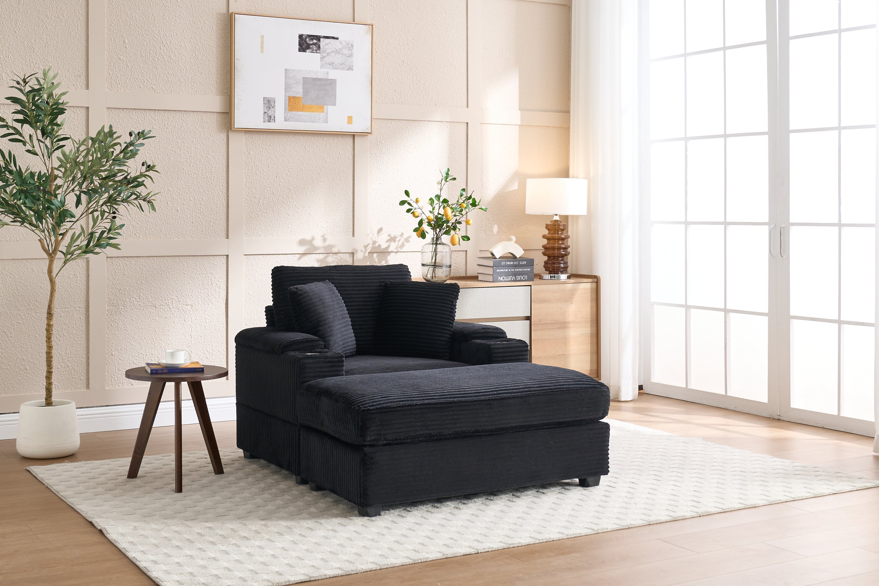[VIDEO/New]Corduroy Upholstered Chaise Lounge Sofa with Handrail storage,Movable ottoman,Cupholders,Detachable Cushions Deep Seat for Living Room Office,5 colour,Wide stripe corduroy