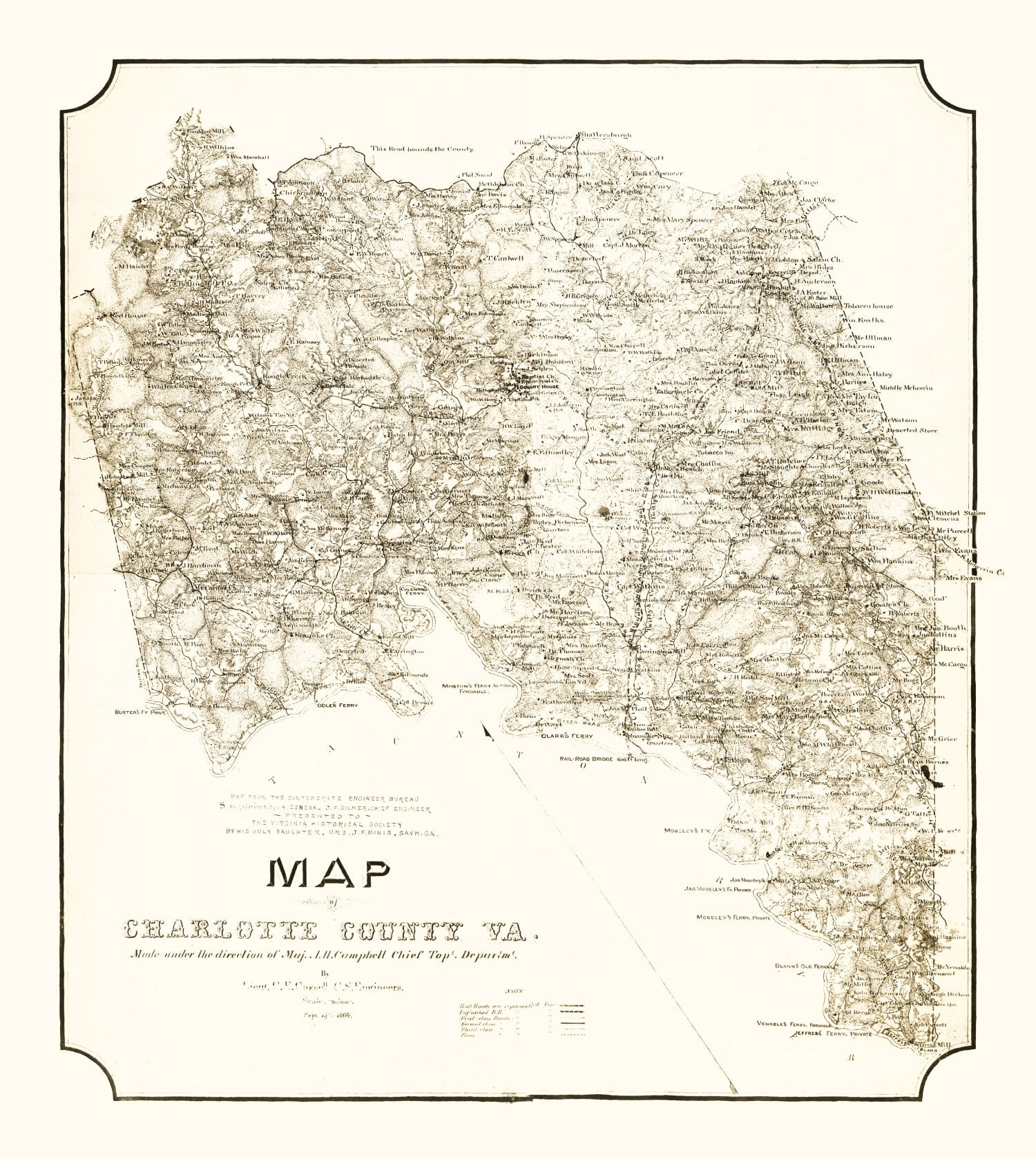 Vintage Map of Charlotte County, Virginia 1864