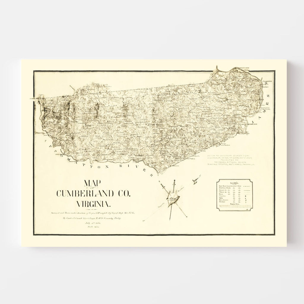 Vintage Map of Cumberland County, Virginia 1864