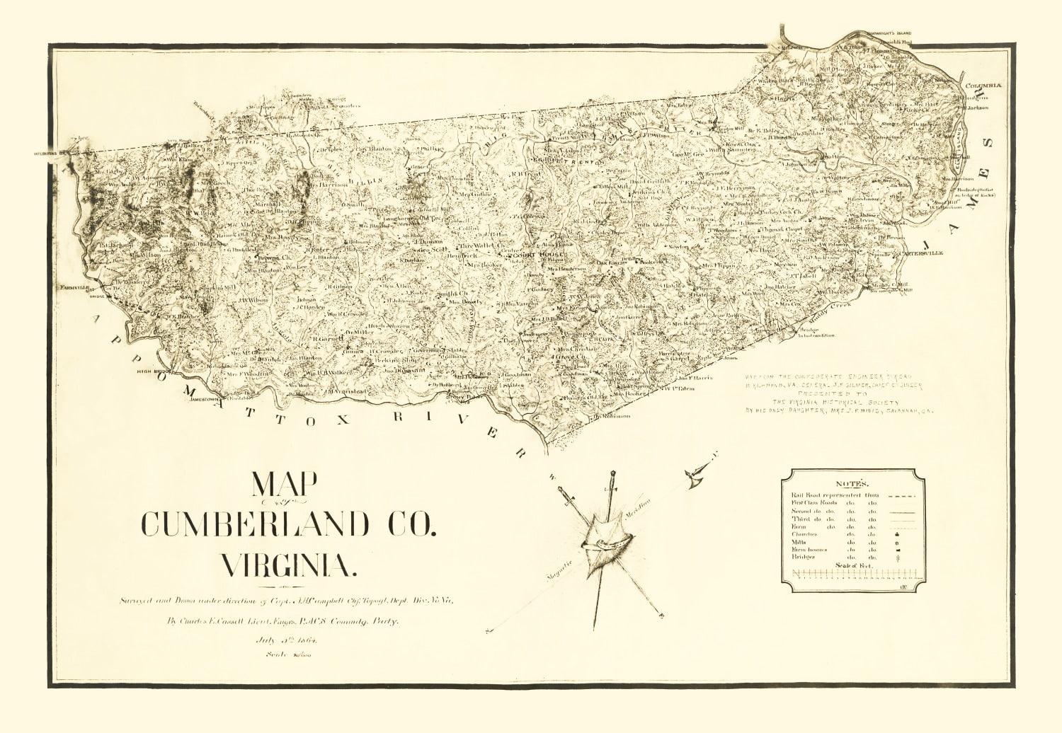 Vintage Map of Cumberland County, Virginia 1864