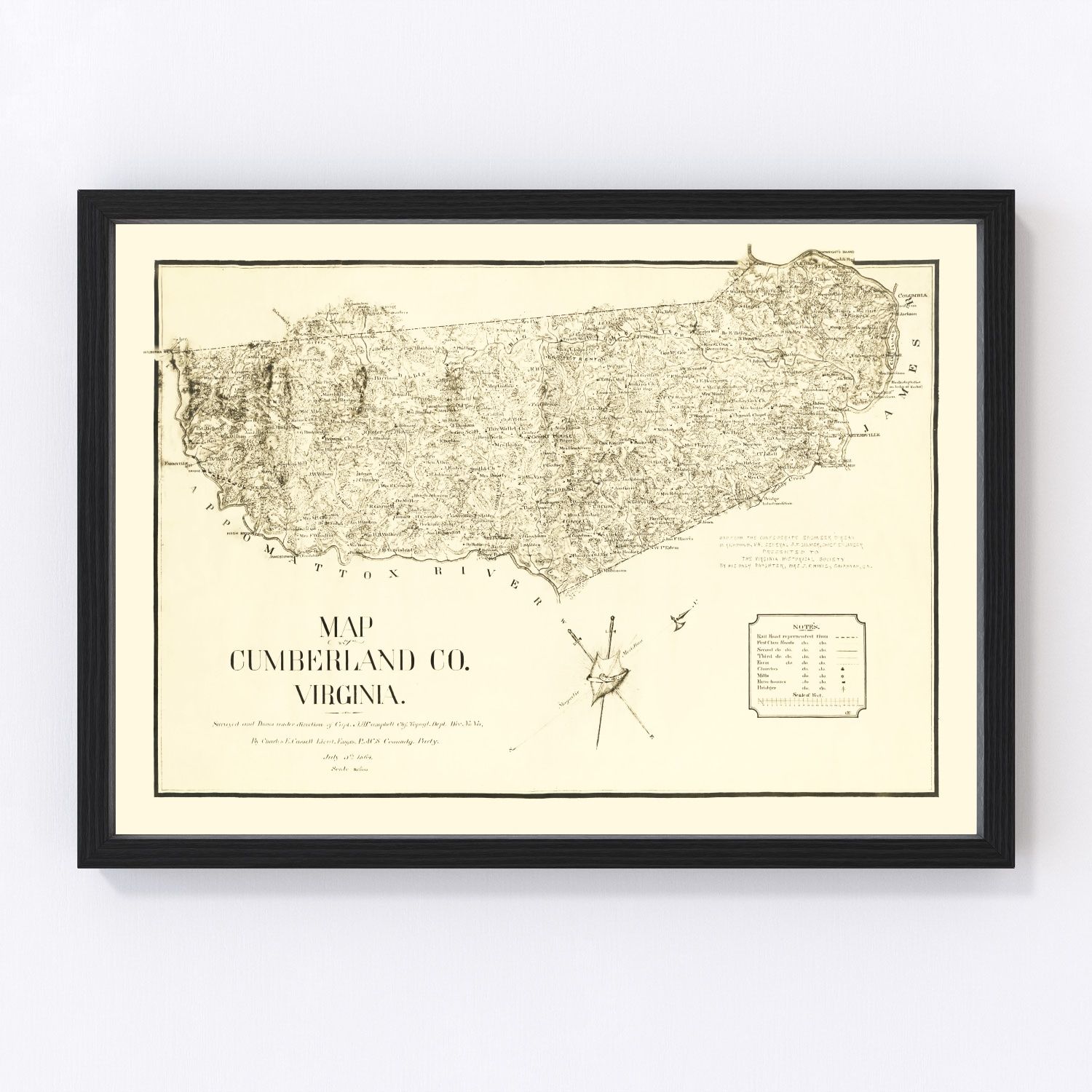 Vintage Map of Cumberland County, Virginia 1864