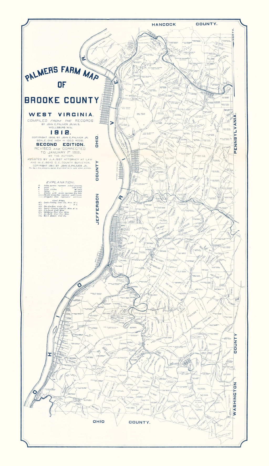 Vintage Map of Brooke County, West Virginia 1912