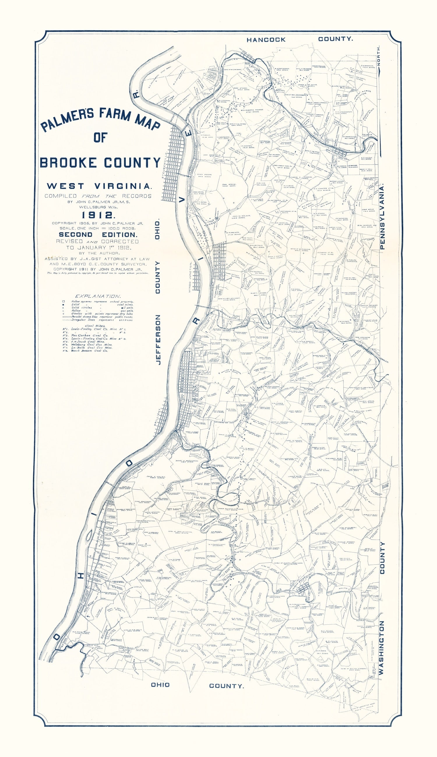 Vintage Map of Brooke County, West Virginia 1912
