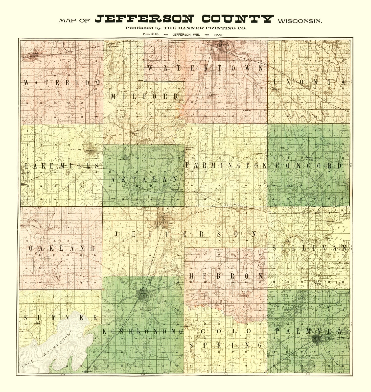 Vintage Map of Jefferson County, Wisconsin 1900