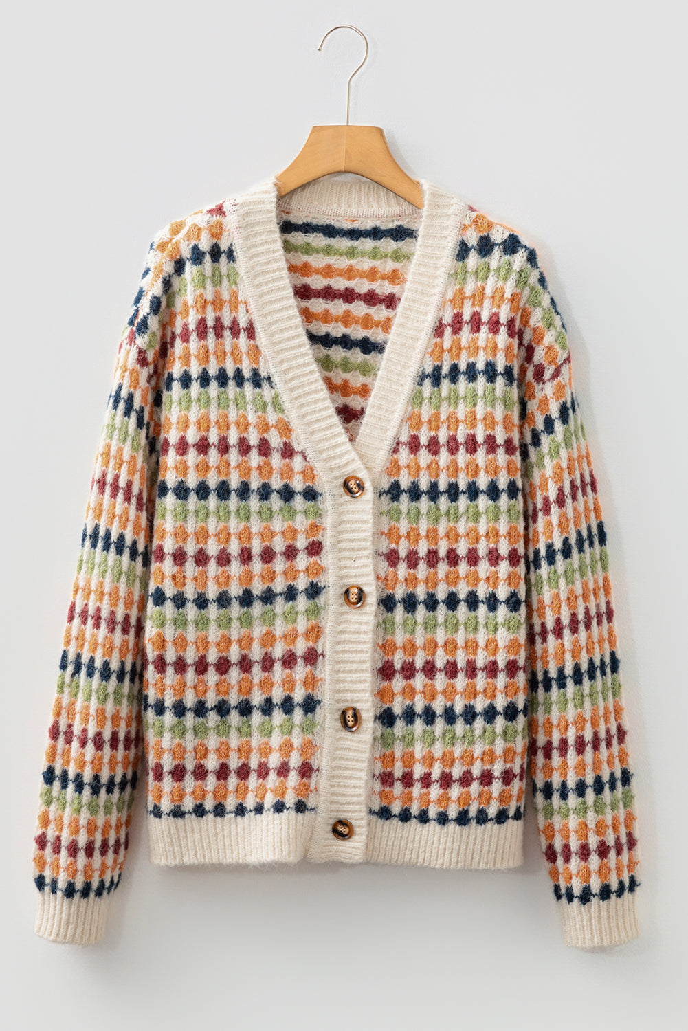 Dotted Diamond Knit Button-Up V-Neck Sweater Cardigan