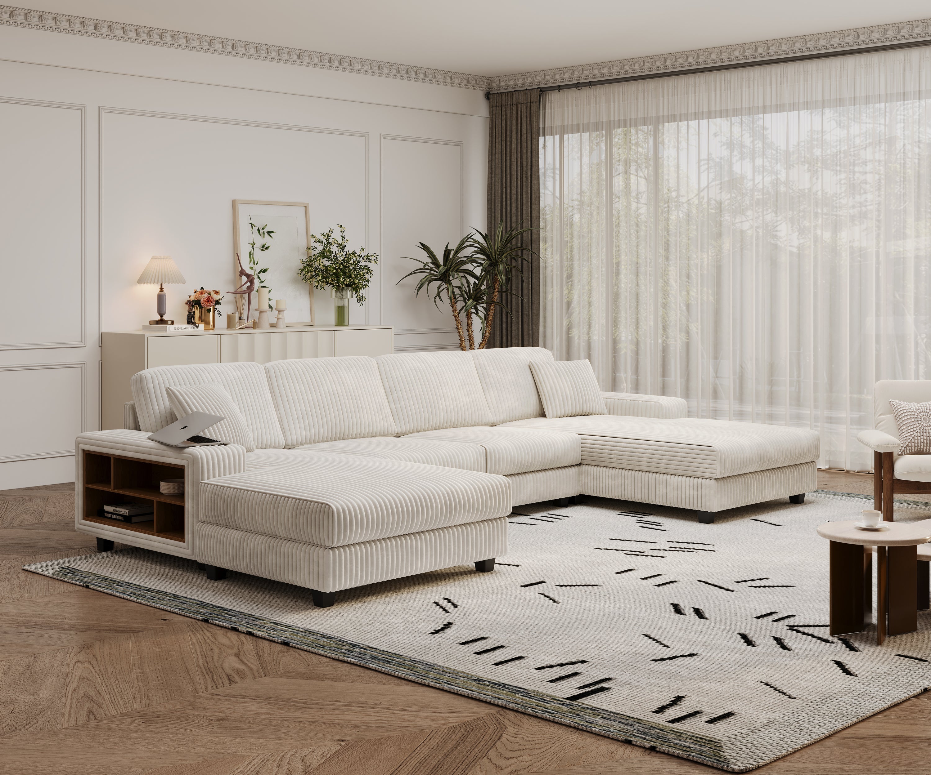 Convertible U-shaped Combination Sofa, Corduroy Fabric, Modern Comfortable Large Size 4 Seat Sofa, Living Room Double Lounge Chair,Beige