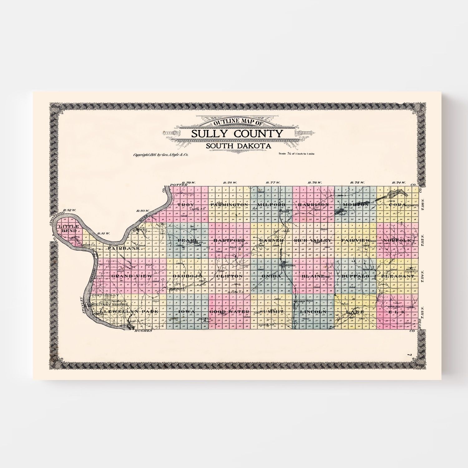 Vintage Map of Sully County, South Dakota 1916