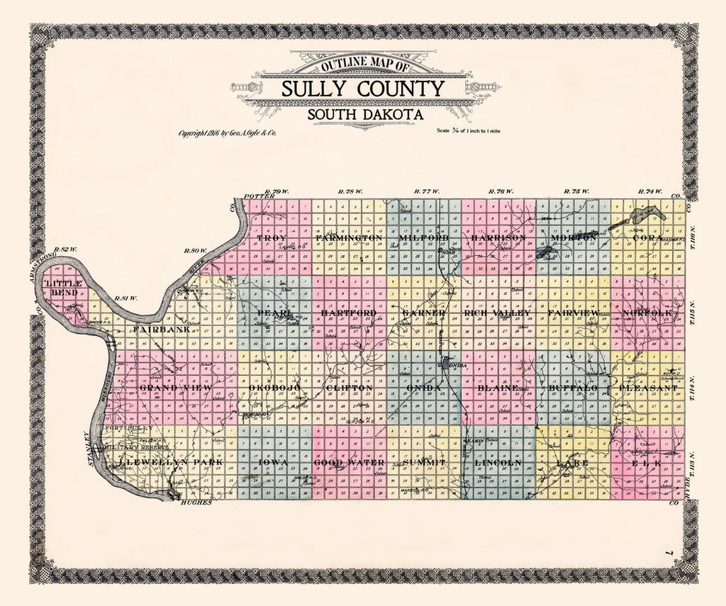 Vintage Map of Sully County, South Dakota 1916