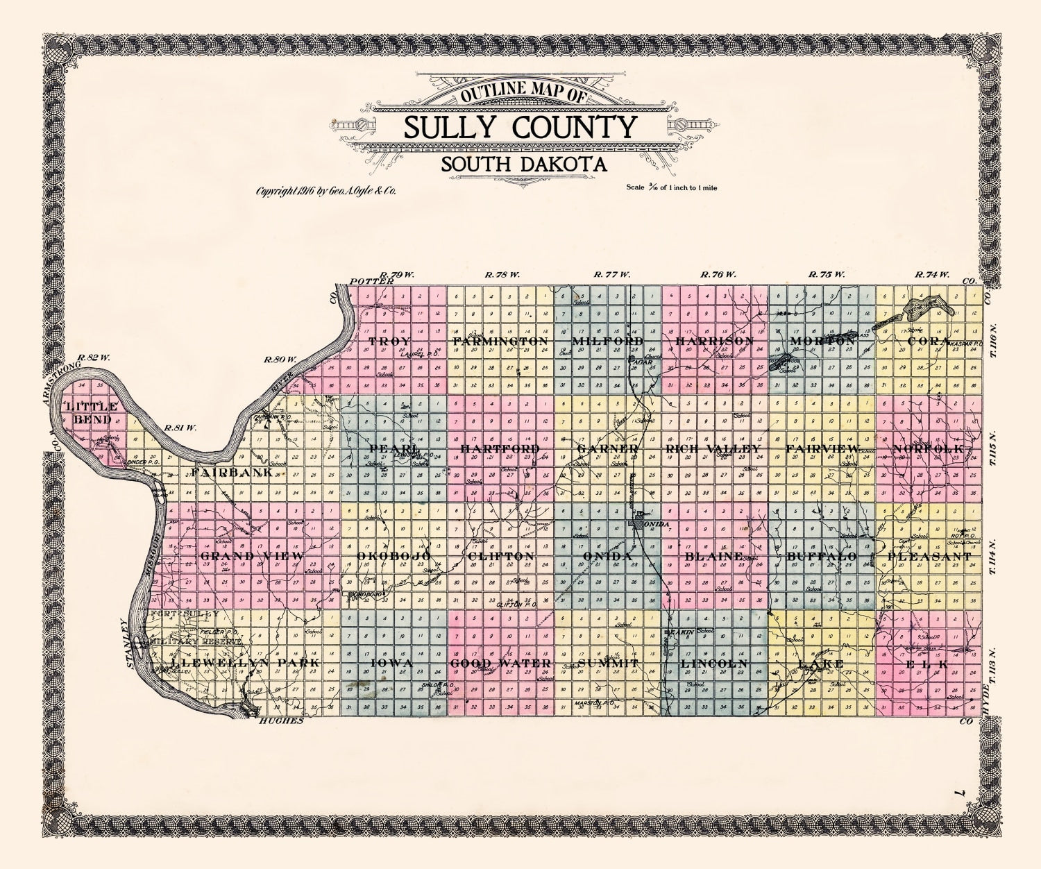 Vintage Map of Sully County, South Dakota 1916