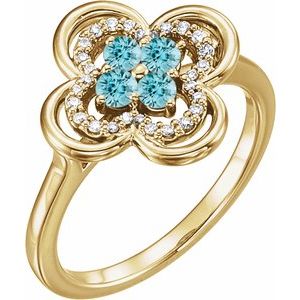 14K Yellow Gold Natural Blue Zircon & 1/10 CTW Natural Diamond Ring
