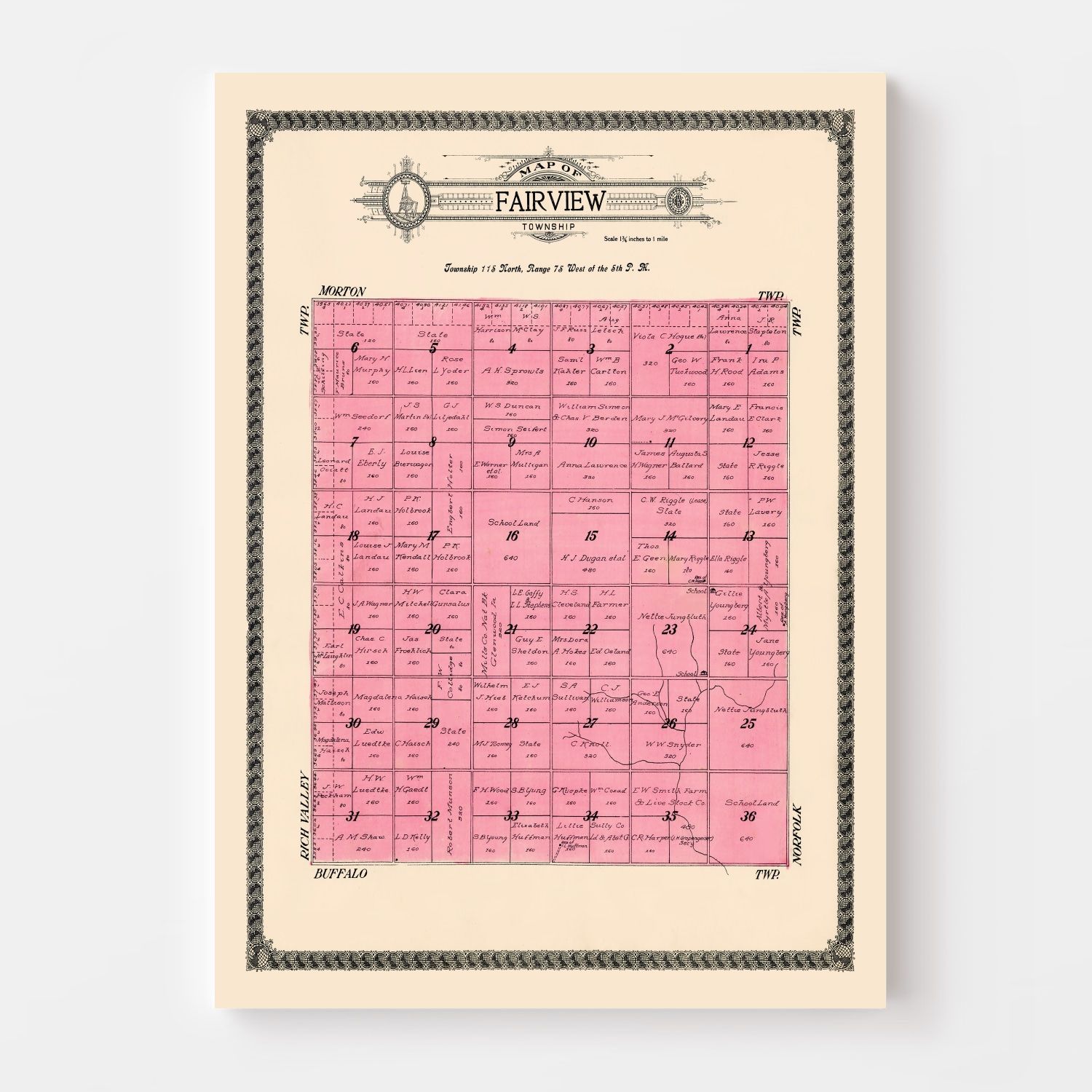 Vintage Map of Fairview Township, Sully County, South Dakota 1916