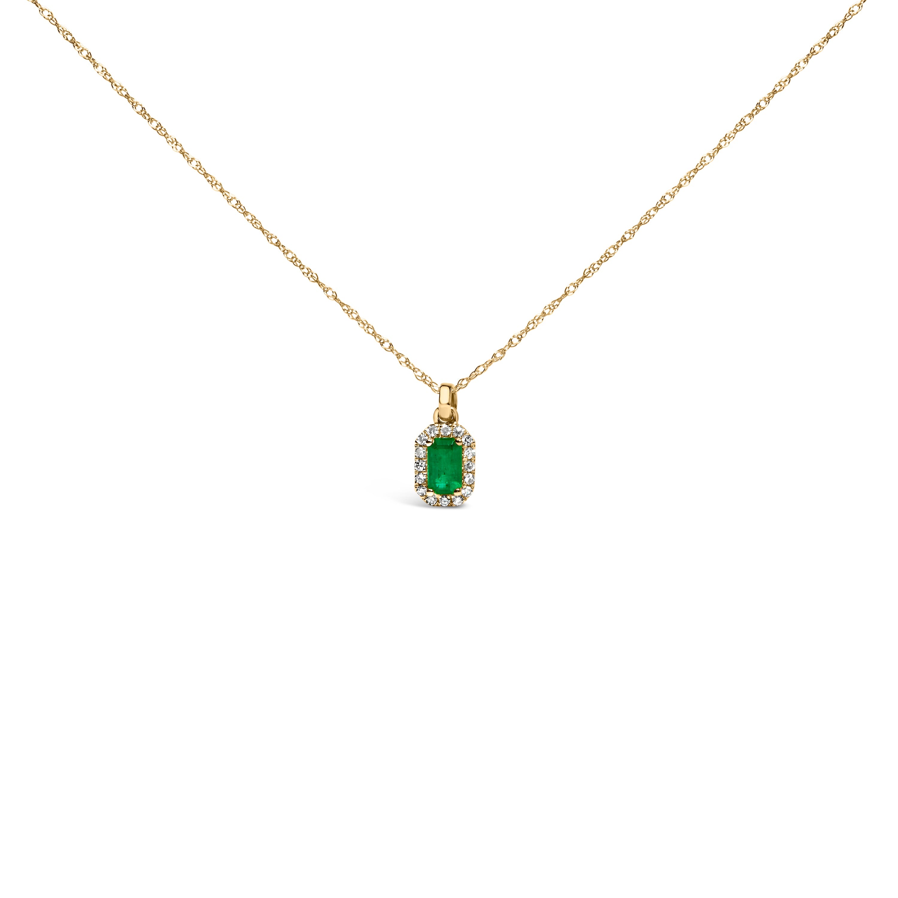 10K Yellow Gold 5x3mm Green Emerald and Diamond Accent Halo Octagonal Shape 18" Pendant Necklace (I-J Color, I1-I2 Clarity)