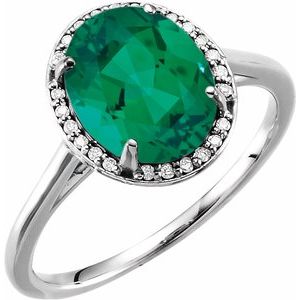 14K White Gold 10x8 mm Lab-Grown Emerald & .06 CTW Natural Diamond Ring